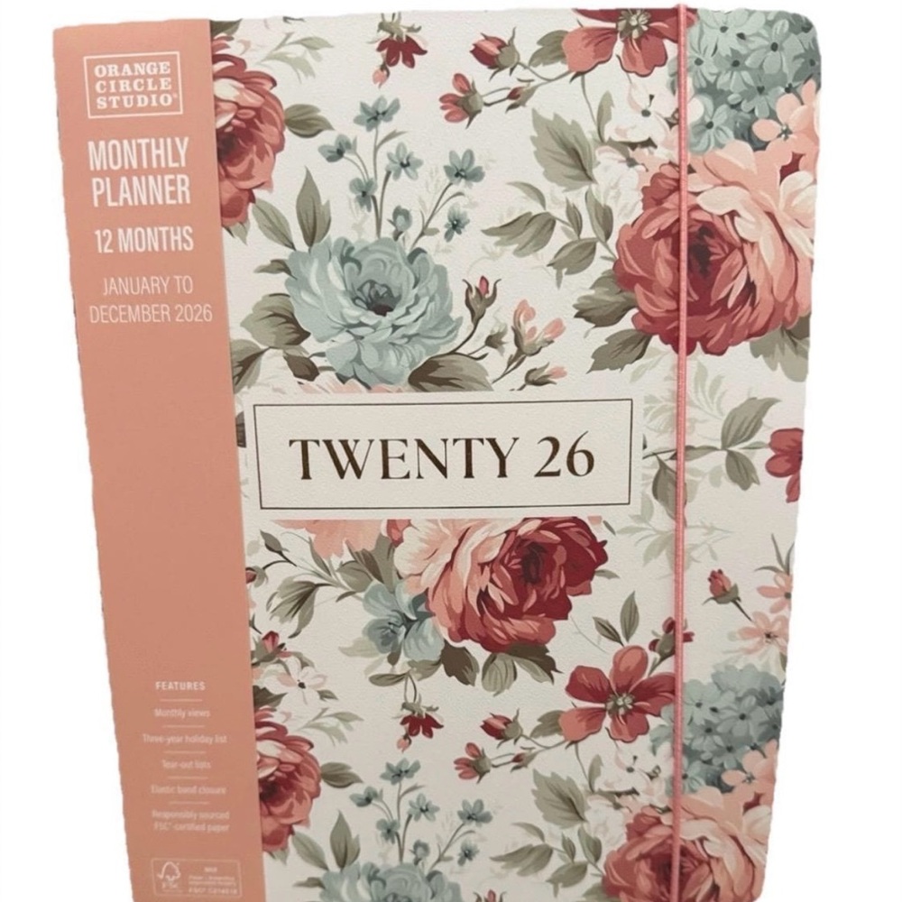 2026 Monthly Planner  12 month Planner Orange Circle Studio Boho Blue Flowers